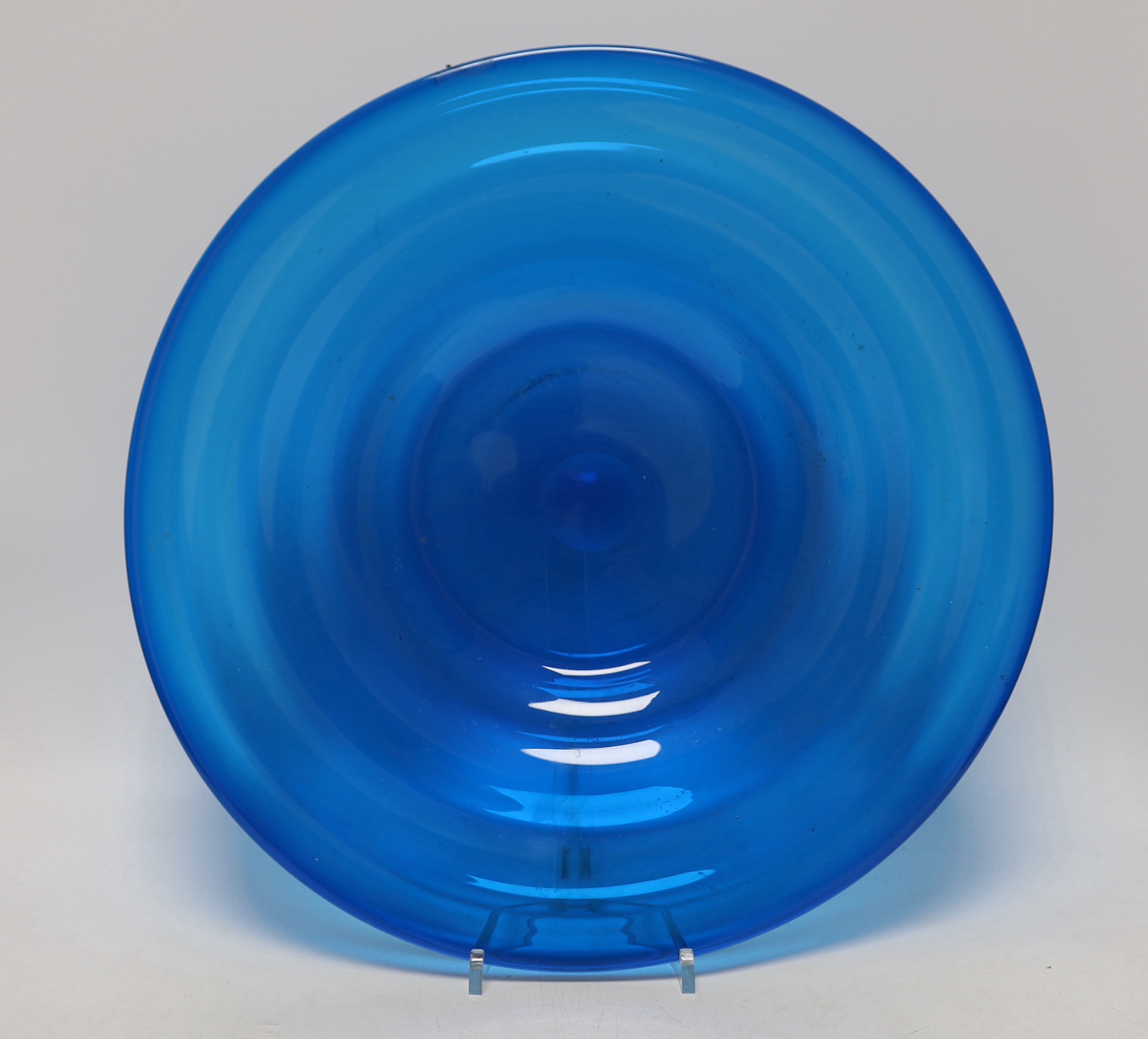 Four pieces of Mdina glass, three signed together with a blue glass dish, largest Mdina vase 19.5cm high